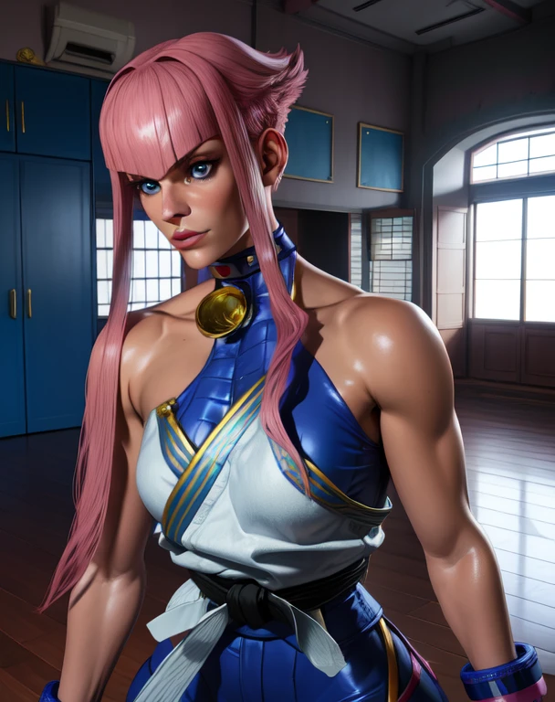 manon,pink hair,short hair with long locks,blue eyes,
blue bodysuit,white karate gi,wristband,choker with gold,black belt,
room,colorful,indoors,
standing,upper body,
(insanely detailed, beautiful detailed face, masterpiece, best quality),