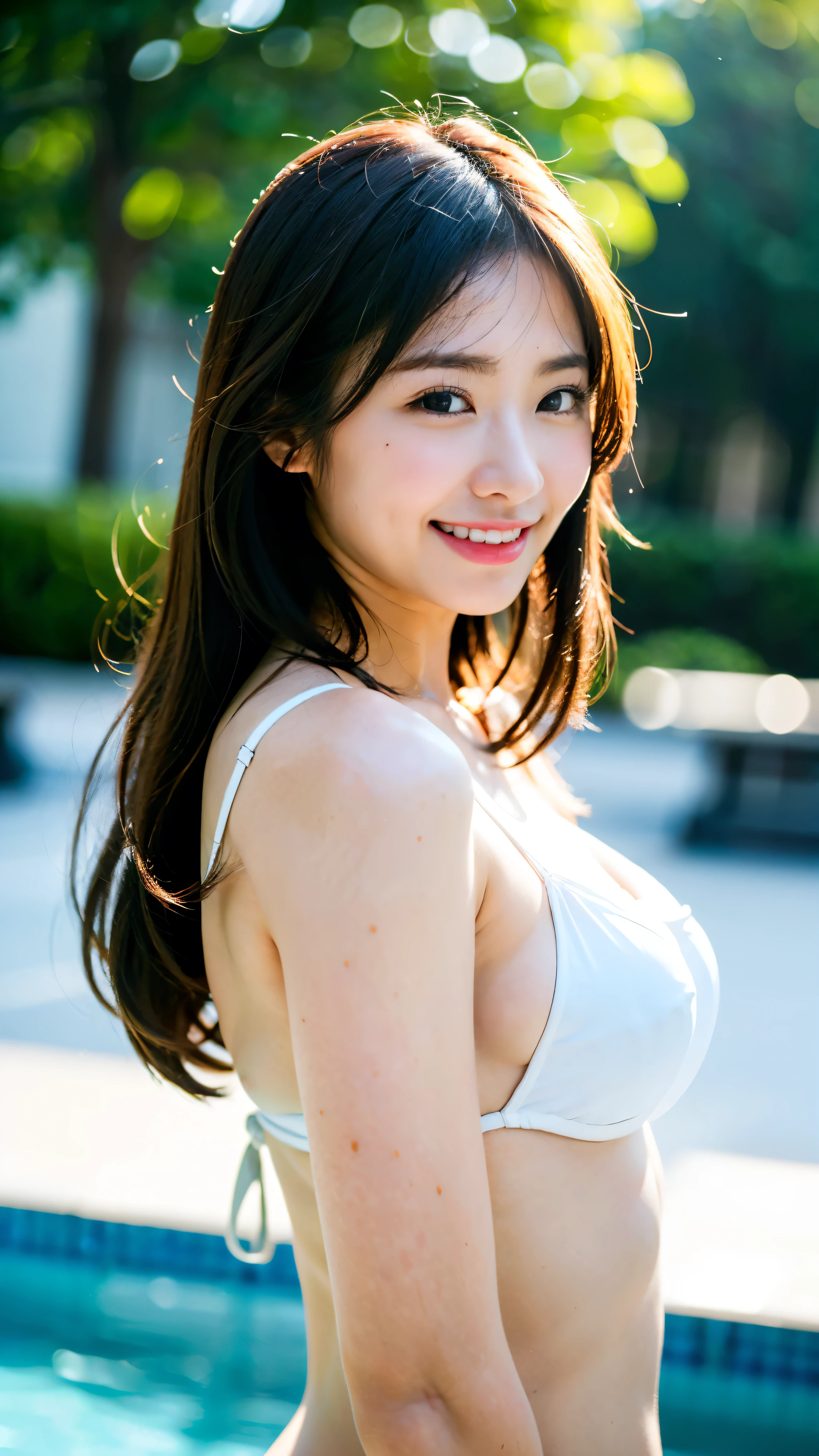 (masterpiece:1.3), (8k, Realistic, Raw photo, highest quality: 1.4), (Medium Hair:1.3), (Real Skin), Beautiful Skin, Charm, Ultra High resolution, Ultra-realistic, High resolution, Big Breasts:1.5、Smiling face:1.5、Micro Bikini:1.5、Poolside:1.5、Medium Hair:1.5、Bring your chest together with both hands:1.5、Very large breasts:1.5、Are standing:1.5