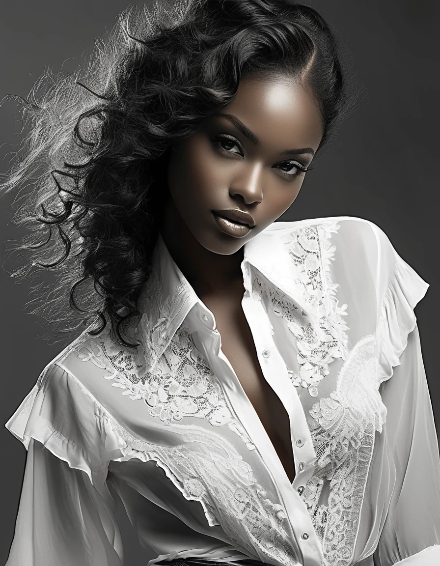 in style of Joe Fenton,Black model, character, portrait, half body, wearing a delicate shirt, highly detailed face, beautiful detail, sharp focus,Black and White Photography,Studio Photos,