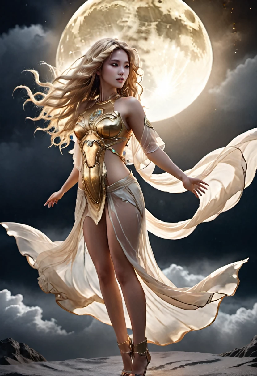 (best quality)), ((masterpiece)), (detailed), perfect face Aphrodite, seductive, unreal engine, hyper realistic, ultra detailed, perfect style, perfect model, floating in the air, dark clouds, waist long golden hair, wavy hair, translucent, transparent dress, shiny skin, dark moon, silhouette body, shadow dragon