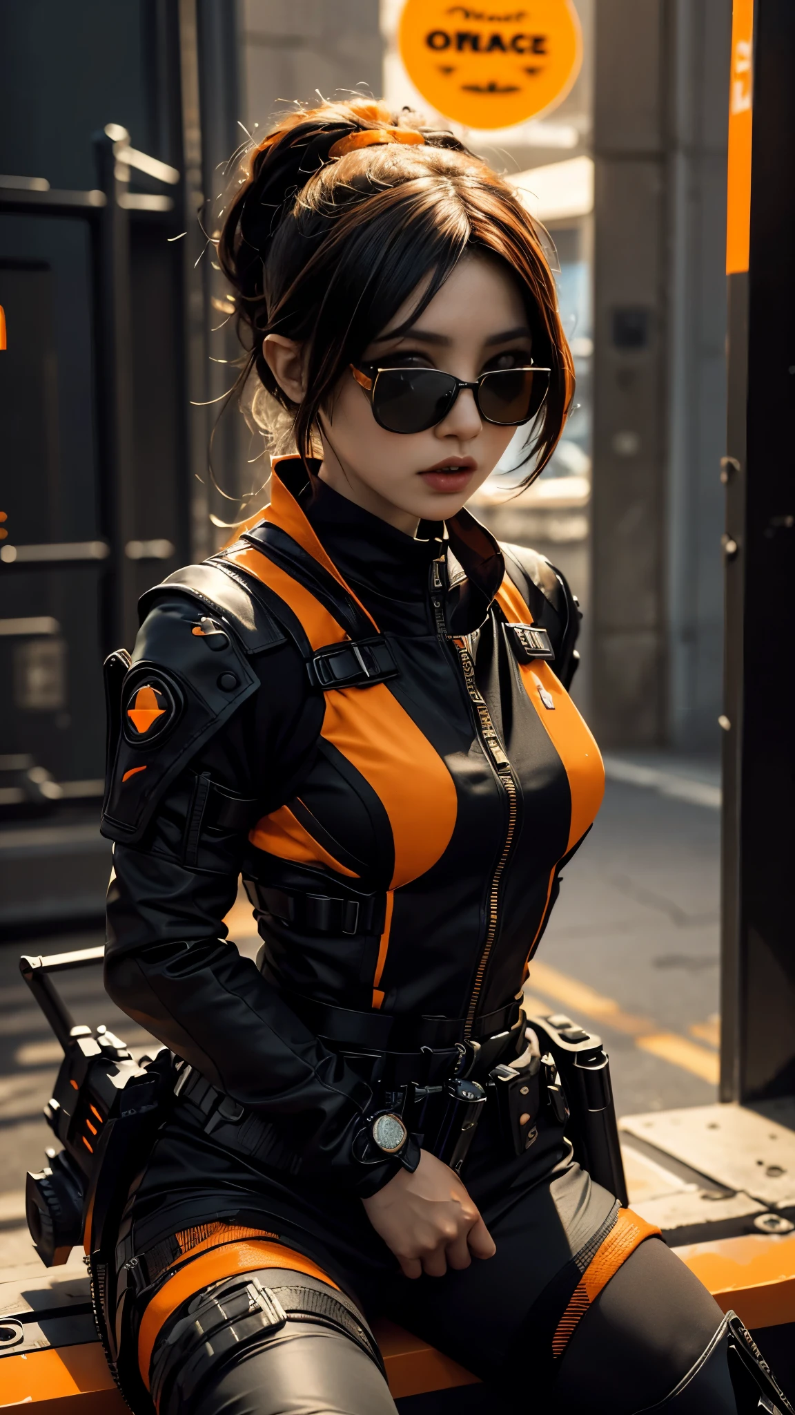 8K, UHD, masterpiece, 1 girl, detailed face, smart face, ((sunglasses)), detailed eyes, sniper rifle in hand, battleroyal, call of duty cosplay, call of duty modern warfare 3, ((ghost tribe)), ((orange and black cosplay:1.5)), belts, gun, methic gun, futuristic art, cyberpunk lihting, ultra extreme graphics, RTX 4090, ray tracing, bloom, depth of field, motion blur, sitting,