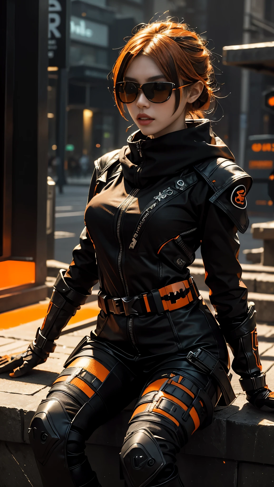 8K, UHD, masterpiece, 1 girl, detailed face, smart face, ((sunglasses)), detailed eyes, sniper rifle in hand, battleroyal, call of duty cosplay, call of duty modern warfare 3, ((ghost tribe)), ((orange and black cosplay:1.5)), belts, gun, methic gun, futuristic art, cyberpunk lihting, ultra extreme graphics, RTX 4090, ray tracing, bloom, depth of field, motion blur, sitting,