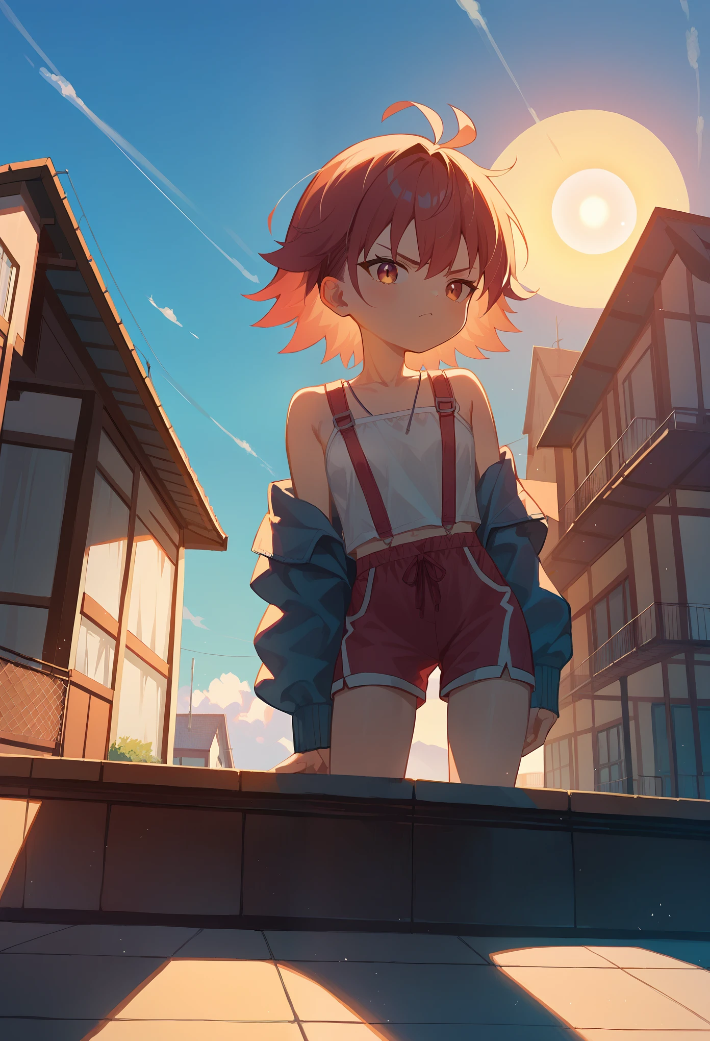 score_9,score_8_up,score_7_up, 1 girl, cute,standing on the roof, sun glare