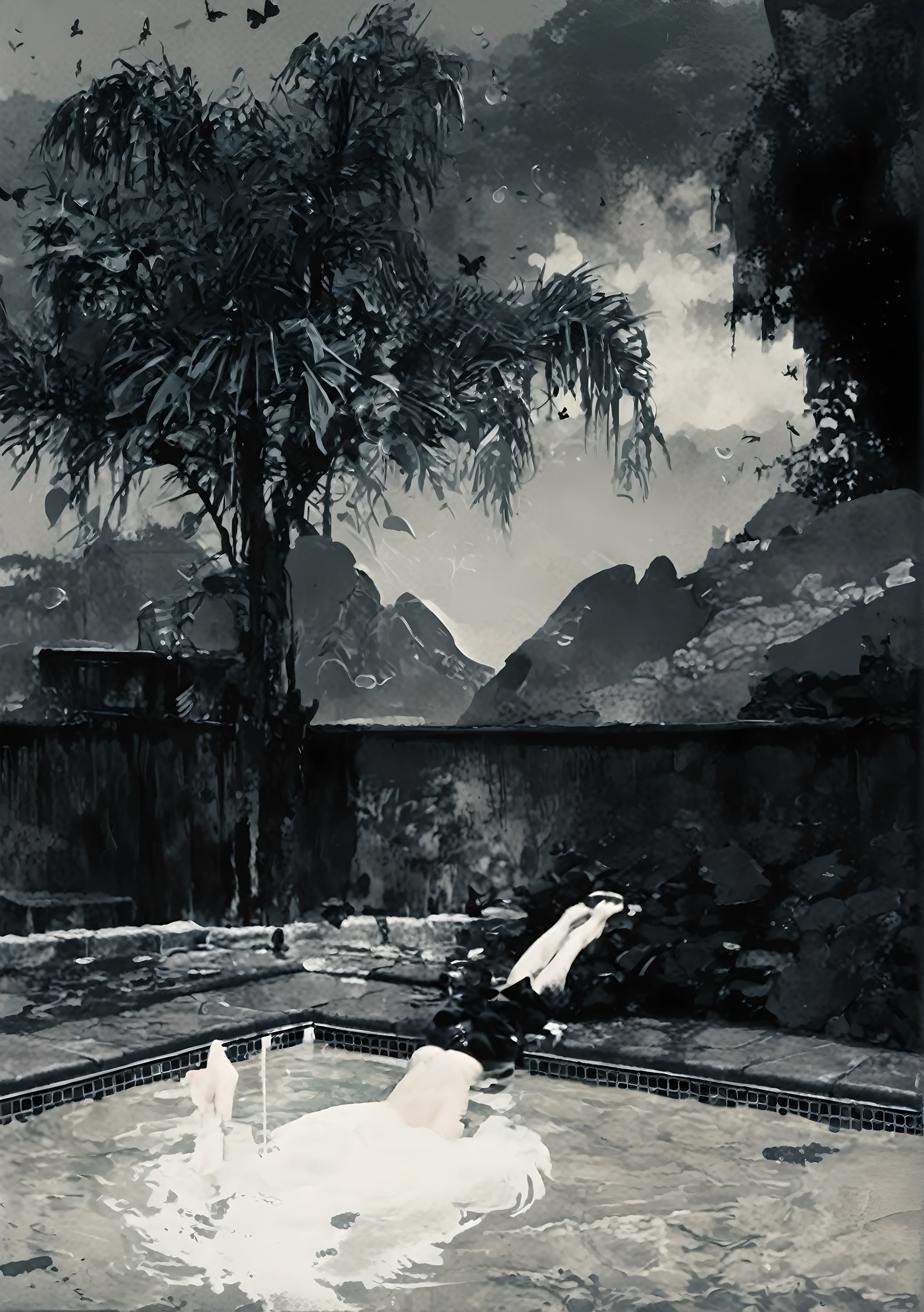 (Diving people:2),(swimming pool theme:1.5),(Diving theme:1.5),(Thriller:1.5),(Inspired by Stephen King:1.5),(Dark Fantasy:1.5), (Ink Painting:1.5), (black and white:1.5), 8K, 4k, (landscape:1.5),(A lot of water splashed towards the audience:1.5),(destroyed:1.5),(destroyed village:1.5),(19th century:1.5), (destroyed theme:1.5),(Many flying butterflies:1.5),(Puddle:1.5),(Unpaved roads:1.5),(absurd:1.5),(excellent:1.5),(best quality:1.5),(masterpiece:1.5),Whole body length,Quartz manganese oxide babygirl ,full-body shot,Sinister landscape,Fluorite tungstenite atmosphere, Simon Starhag,Nicomoli,Wanjichi Mutu,primary color,Very detailed,masterpiece,Intricate details,fade,eyes Very detailed, Highly detailed eyes,16k resolution,Raw, Nikon Z9,Horror swimming pool,Whole body length,ghost rainbow color,Intricate details,Stone Forest, Yunnan, China,best quality, Extremely detailed, Practical, portrait, Dark and eerie atmosphere, Glowing eyes, The ethereal existence, unforgettably beautiful, Ghosting, Mist rolling, Paranormal Entities, Devil's Essence, Shadow form, Weird Whisper, breath, Unforgettable pale skin, dark and twisted branches, Flickering candlelight, horror element, Mystery, ghost, Gothic art style, Unforgettable, Spectrum, Unforgettable melancholy, otherworldly beauty, Ethereal Light, Unforgettable, Chilling and atmospheric, Epoachy lights.old mantle city