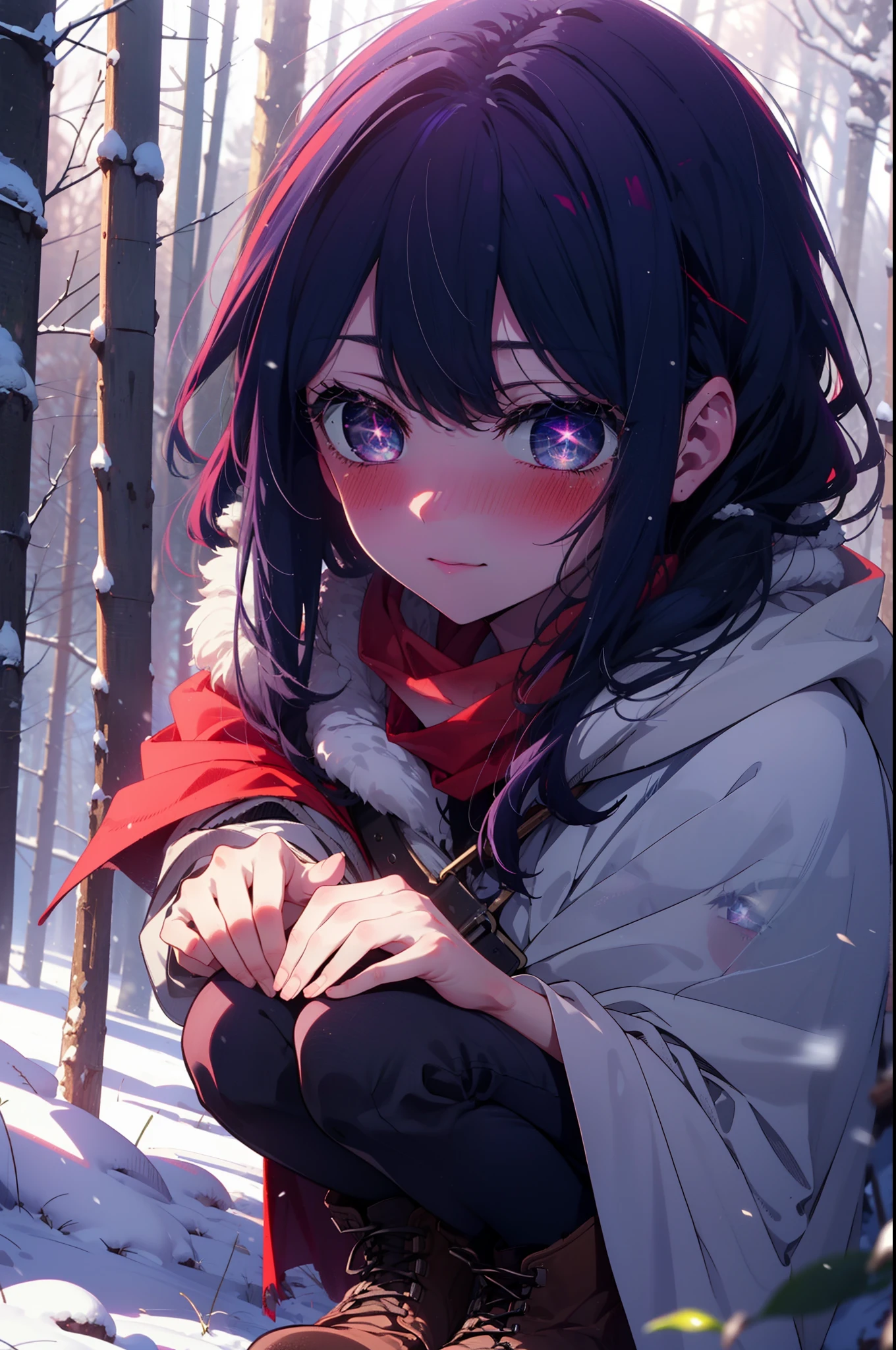 aihoshino, Ai Hoshino, Long Hair, bangs, (Purple eyes:1.1), Purple Hair, (Symbol-shaped pupil:1.5), smile,,smile,blush,White Breath,
Open your mouth,snow,Ground bonfire, Outdoor, boots, snowing, From the side, wood, suitcase, Cape, Blurred, , forest, White handbag, nature, Squat, Mouth closed, Cape, winter, Written boundary depth, Black shoes, red Cape break looking at viewer, Upper Body, whole body, break Outdoor, forest, nature, break (masterpiece:1.2), highest quality, High resolution, unity 8k wallpaper, (shape:0.8), (Beautiful and beautiful eyes:1.6), Highly detailed face, Perfect lighting, Highly detailed CG, (Perfect hands, Perfect Anatomy),