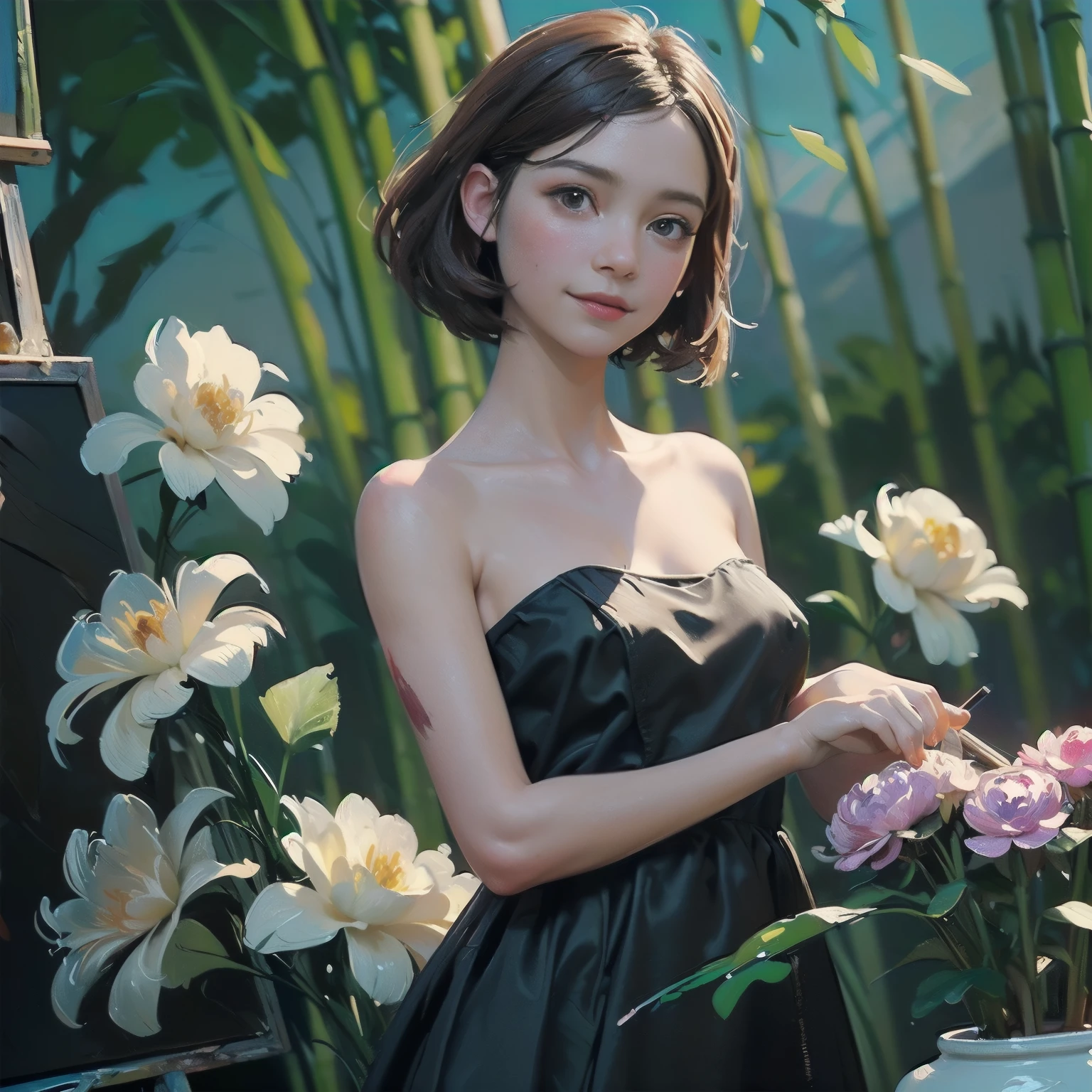 ((create), (young girl, 16 years, naked, full height, dark hair, bright skin, scarlet lips, smile; black, expressive playful eyes, long eyelashes), (female naked body, Fantastic space), (flowers, Chrysanthemums-лилии, peonies, 1 full-length girl-solo, beautiful breasts), (girl, bare shoulders, (ecchi0.5), lips, Splashing water, (flowers:0.6), (birds:0.2), (Bamboo0.1) , (lakes), (very beautiful, naked girl, full height, relaxed posture, slight body twist, facing the viewer, beautiful small breasts), (dressed; black translucent chiffon dress, Golden Line, Very short dress), (calm relaxed posture, hair fluttering in the wind, half a turn, look at the viewer, stylish girl model)).((Background - Fantastic space, flower garden, graphic clear line, stylized - graphic, (lily flowers, peonies, Chrysanthemums ) - (stunning blooming irises; (violet, yellow, blue, white), (Modern style, Modern, very beautiful young girl). (High quality, masterpiece). ((Highest quality workmanship, realism, oil painting, Modern brushwork, master&#39;s hand, mercy, ease of execution)).