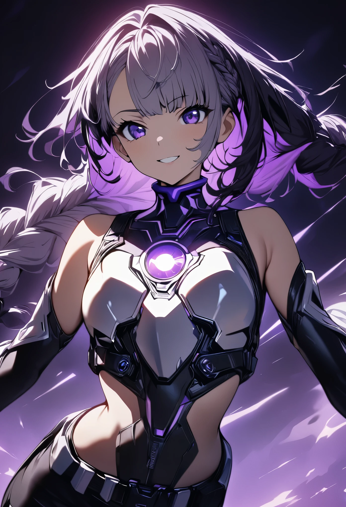 (highest quality:1.2, Very detailed, animeスタイル:1.37, anime, High Contrast, masterpiece:1.2, highest quality, Best aesthetics), 1 Female, Cyber Suit, Separated sleeves, Bare shoulders, Black top, Silver breastplate, Energy disk on chest, Black Mini Skirt, (Belt connecting left and right sleeves:1.1), 黒に紫色のアクセントが入ったCyber Suit, ((White Hair:1.4, Purple inner color hair,  Braided long hair, White and purple hair accessories:1.2, Dark purple bangs:1.1, Asymmetrical bangs)), Purple Eyes, Double eyelids, Detailed face, Loose braid, smile:1.2, Indifference, kind, Face Up Shot.