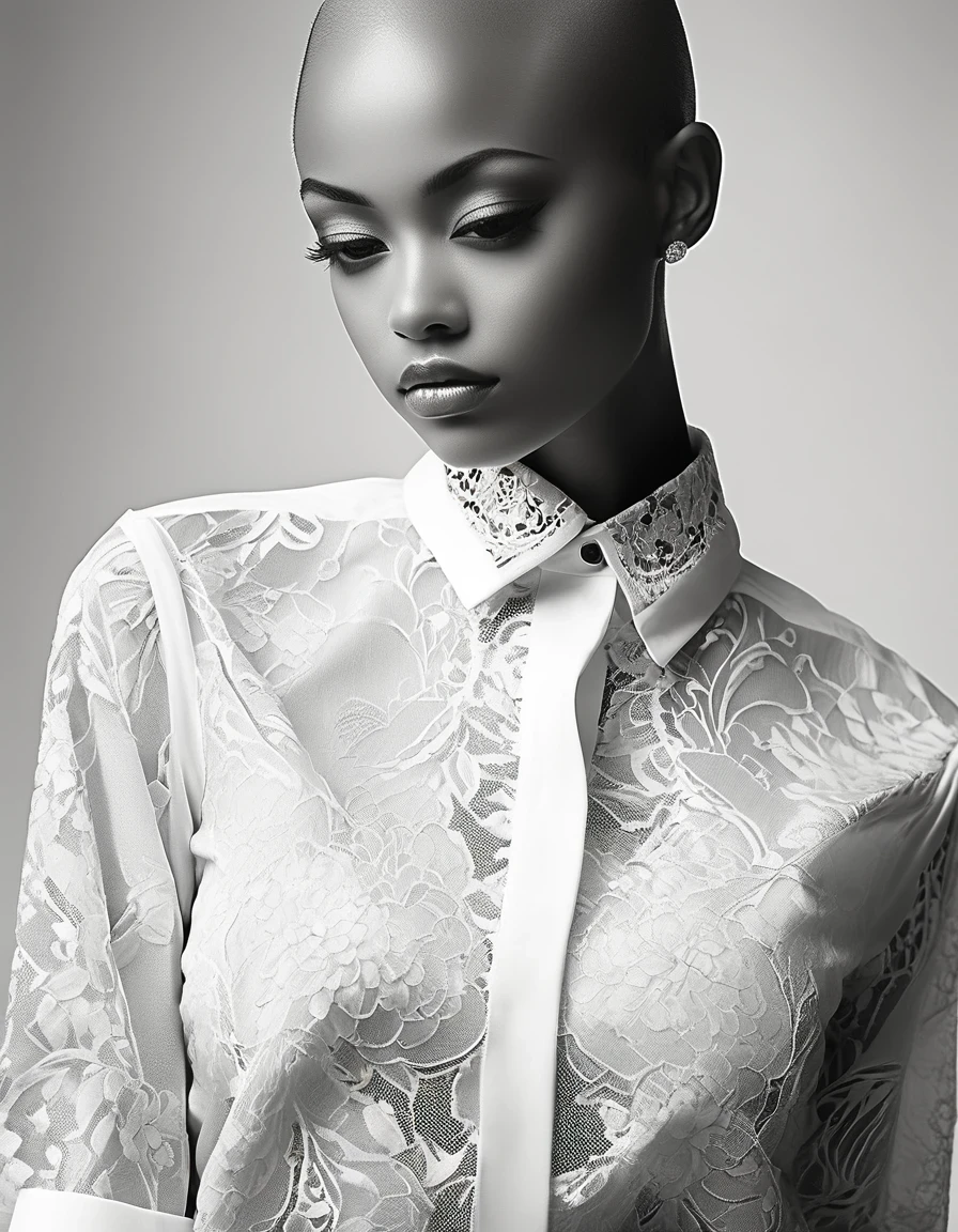 in style of Joe Fenton,Black bald female model， character, portrait, half body, wearing a delicate shirt, highly detailed face, beautiful detail, sharp focus，Black and White Photography，Studio Photos，