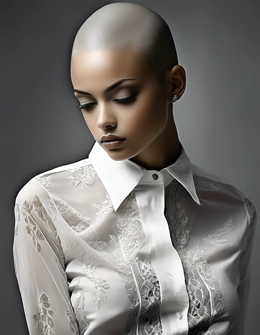 in style of Joe Fenton,Black bald female model， character, portrait, half body, wearing a delicate shirt, highly detailed face, beautiful detail, sharp focus，Black and White Photography，Studio Photos，