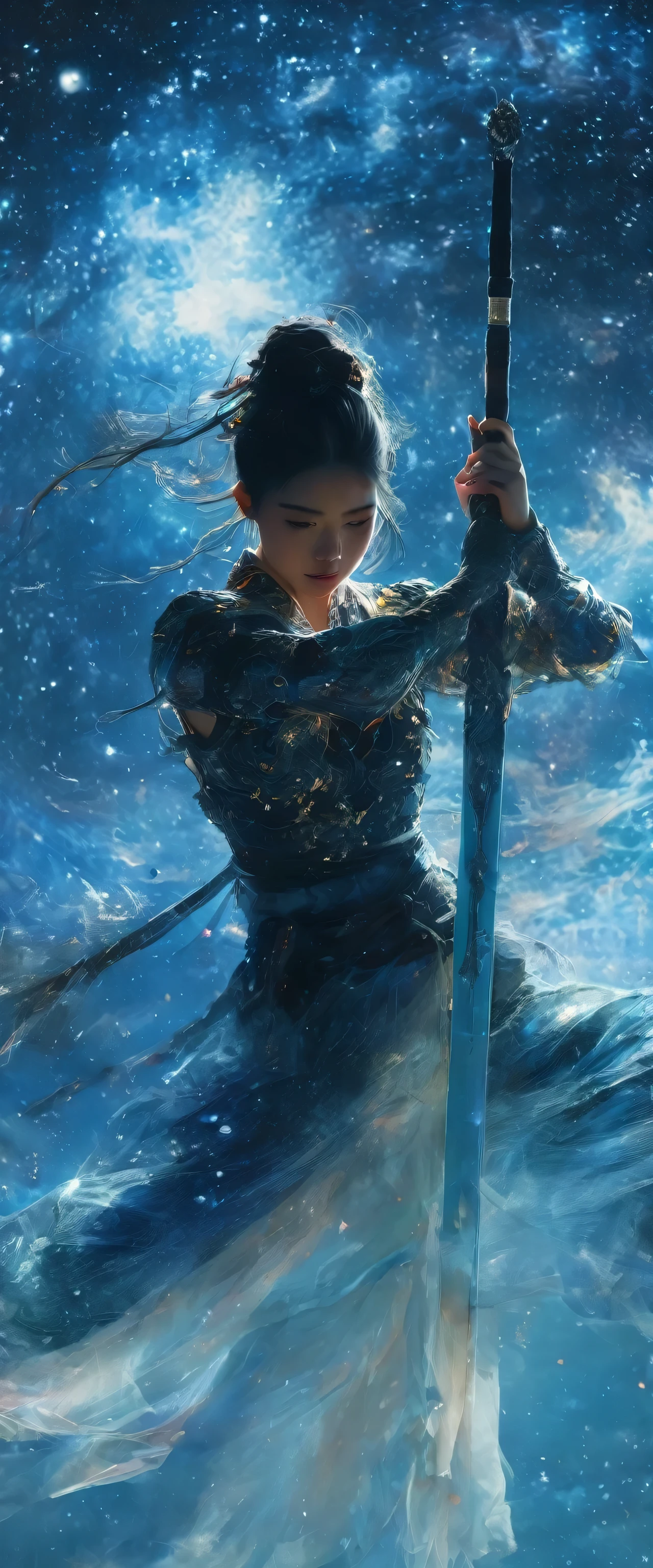 (highest quality,4K,8k,High resolution,masterpiece:1.2),floating ，floating ，floating ，whole body，Anatomically correct,Woman warrior,1 Sword,Grasp the handle,Galaxy Glass Armor,Flowing black hair,Confident expression,Brave posture,Strong physique,Elegant silhouette,Impressionist style，,Mysterious atmosphere,Delicate brushwork，alone，The Beauty of Japan, floating in the starry sky