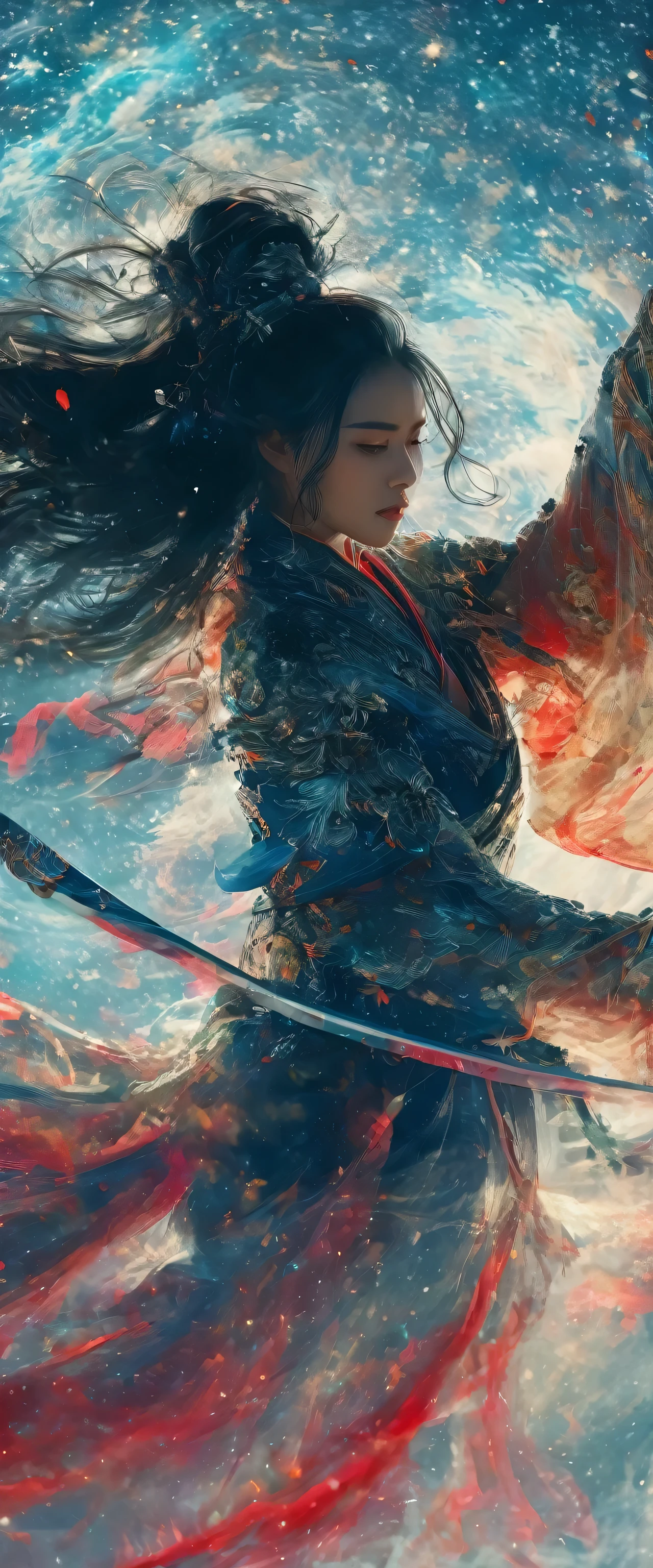 (highest quality,4K,8k,High resolution,masterpiece:1.2),floating ，floating ，floating ，whole body，Anatomically correct,Woman warrior,1 Sword,Grasp the handle,Galaxy Glass Armor,Flowing black hair,Confident expression,Brave posture,Strong physique,Elegant silhouette,Impressionist style，,Mysterious atmosphere,Delicate brushwork，alone，The Beauty of Japan, floating in the starry sky