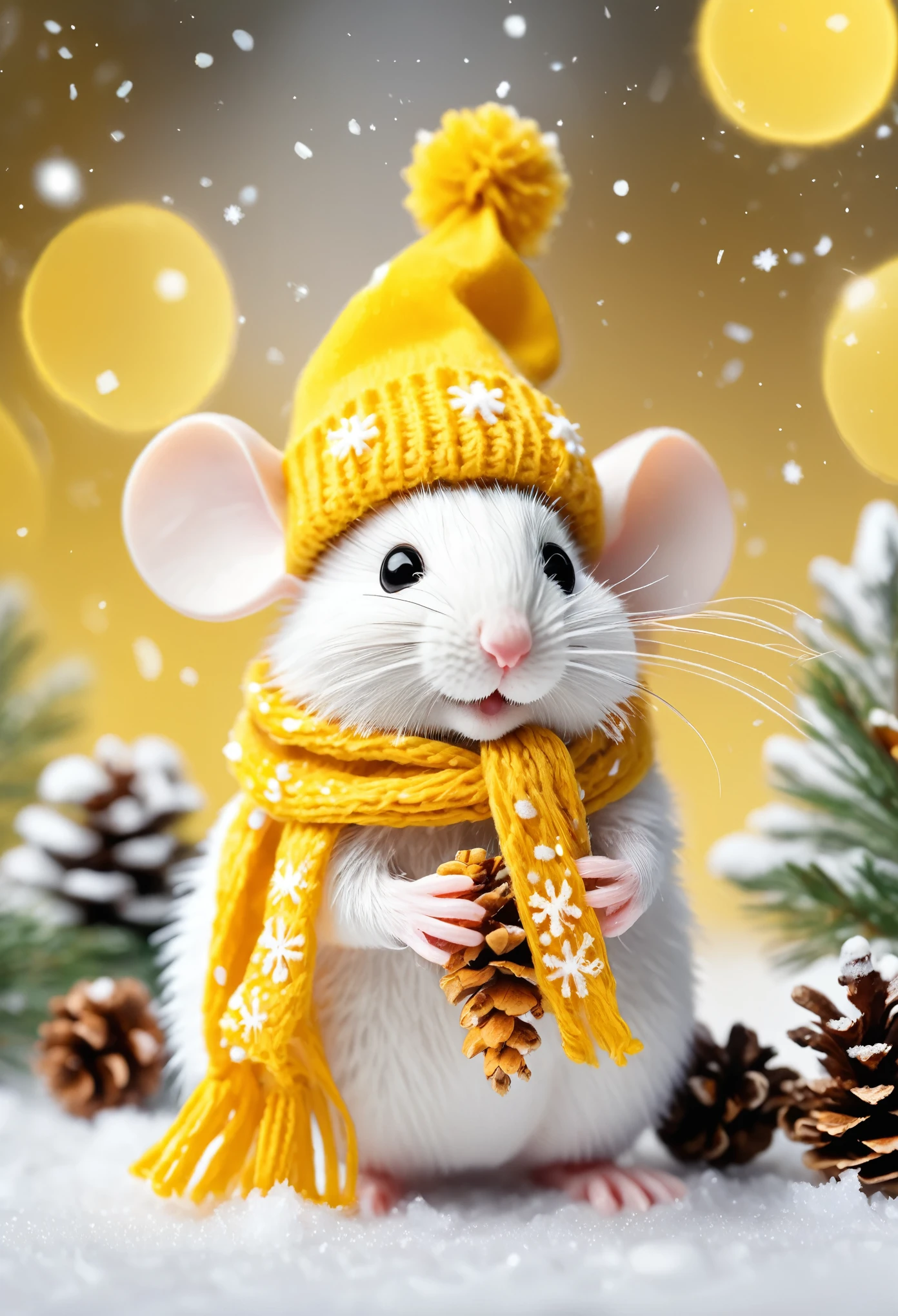 Microscopic image of kute mini white mouse with yellow Christmas hat and scarf with icicles snowballs and ribbons and pine cones and pine needles and gift christmas, blurred background yellow, falling snow, falling snowflakes, unbelievably beautiful. Tilt-shift. illustration, Super high Contrast, beautiful color coding, beautiful color grading,