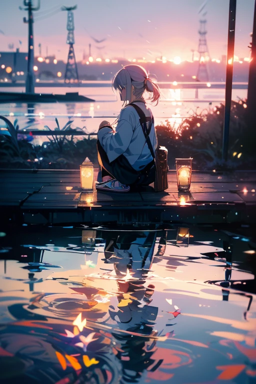 Relaxed character and white cat　anime girl sitting on a bench looking at the stars, anime art wallpaper 8 k, anime art wallpaper 4k, anime art wallpaper 4 k, 4k anime wallpaper, anime wallpaper 4k, anime wallpaper 4 k, anime style 4 k, 4 k manga wallpaper, watching the sun set. anime, anime girl desktop background, anime wallpaper, anime background