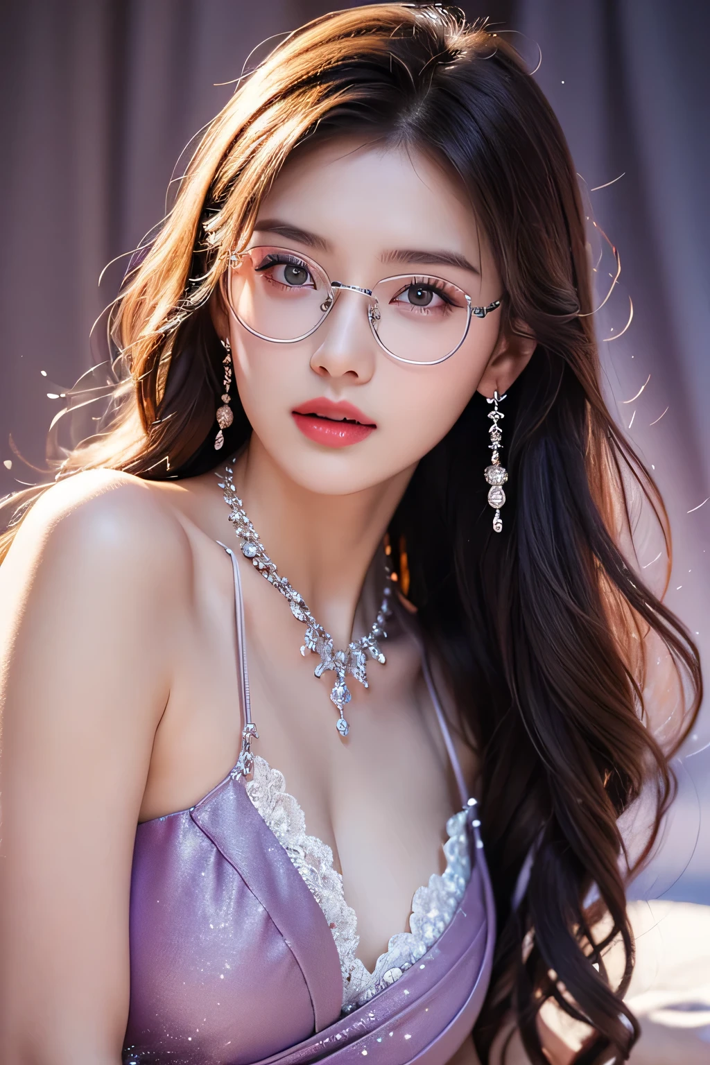 Top CG, Highest image quality, masterpiece, Gentle and beautiful girl, (185cm美女), (fit), Imperial sister, Queen temperament, White skin, ((Long legs)), perfect facial features, Bright Eyes, Seductive pose, Red lips, Beautiful and cold (A major breakthrough)), Beautiful and heroic, Soft and long hair, Glittering, Lace, net, Visible through clear skin, wear glasses, diamond earrings, ruby neckLace, (Purple dress), 8K Image Quality, (Realistic Portraits), Characters fill the screen, (Facial lighting), ((eternal)
