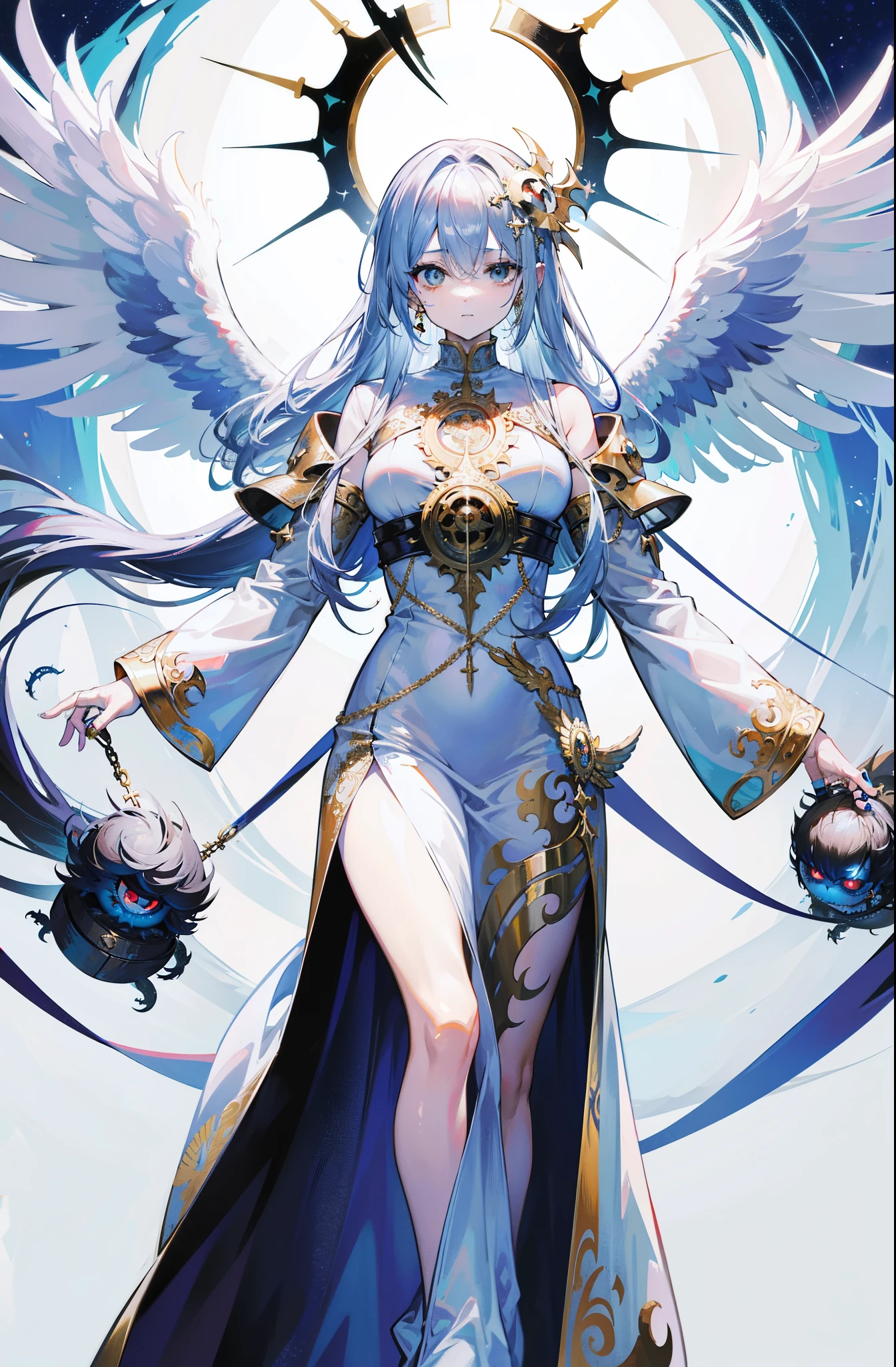 A holy monster angel,His entire body consists of a giant one-eyed eye,There is a metal ring around the eye,Eyeballs are covered with rings,The dragon on the white holy angel has many wings