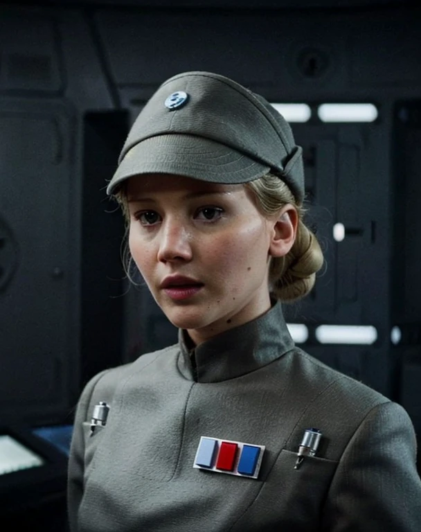 fashion photography of Jennifer Lawrence in olive gray imperialofficer uniform and hat, blonde hair in small tight bun, smooth pale white skin,m, sci-fi Death Star control room, sharp focus, dlsr, ultra sharp, professional Photographer, film grain, very detailed skin texture, photorealistic,