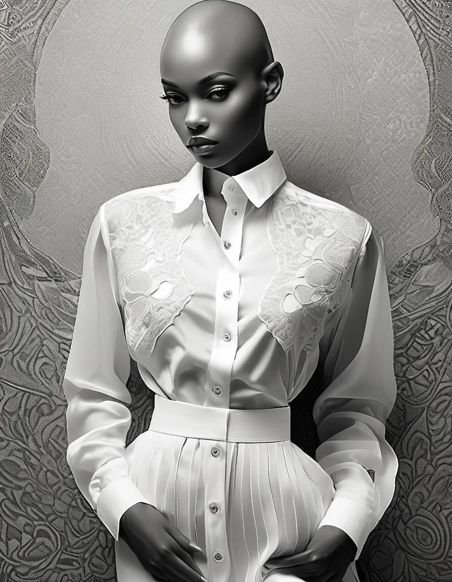 in style of Joe Fenton,Black bald female model， character, portrait, half body, wearing a delicate shirt, highly detailed face, beautiful detail, sharp focus，Black and White Photography，Studio Photos，