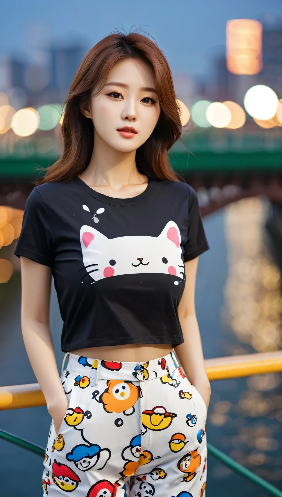 close-up of beautiful korean female, 34 inches breasts size, wearing, t-shirt cartoon pattern, pants, standing on the bridge, bokeh background UHD