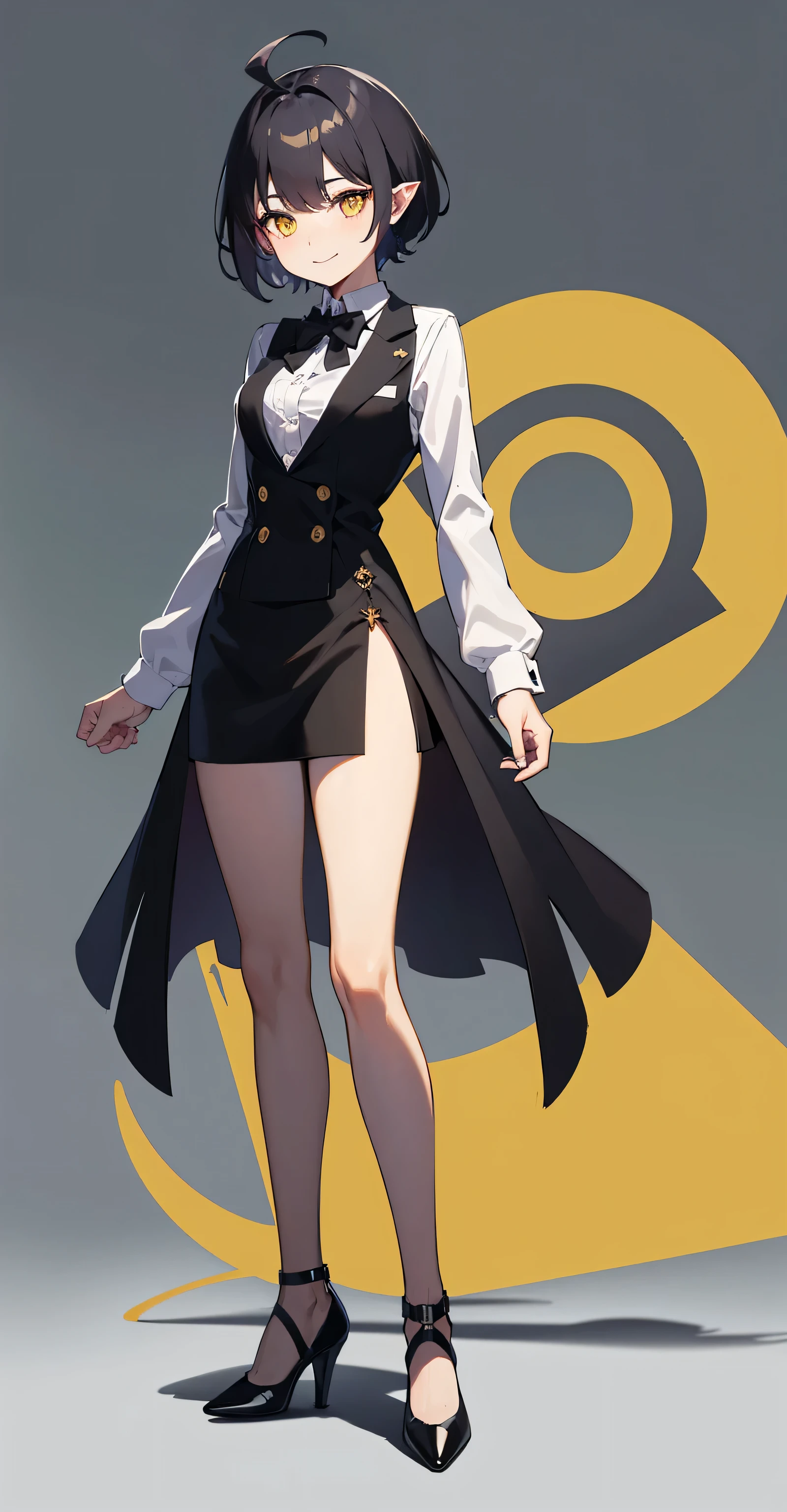whole body, upright, front, Facing straight ahead,shoes, One Woman,short hair, (purplish-black hair, Short hair up to the shoulders, Hair between the eyes, Ahoge), (Yellow Eyes), (Pointed Ears), ((Office Suits)), White button-up shirt, Black stiletto heel, Black vest,Black slit skirt, Black bow tie, Abrasion Pump), Place your arms at your sides, smile, masterpiece, high quality, whole body, Wearing shoes, Facing front, Are standing,Simple white background, View your viewers