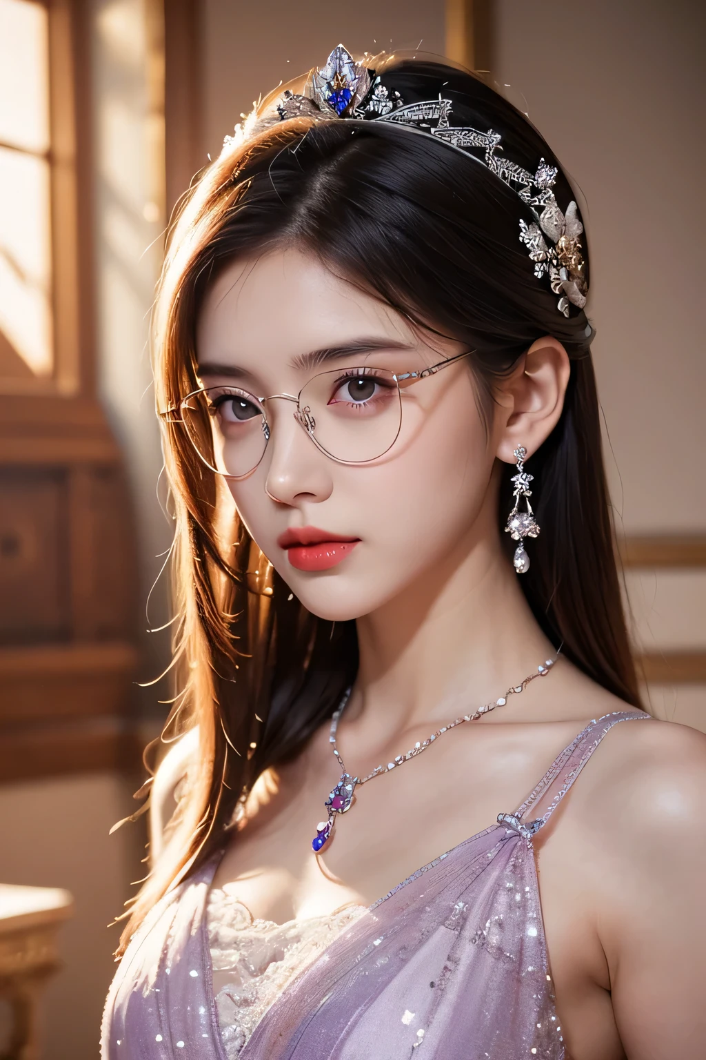 Top CG, Highest image quality, masterpiece, Gentle and beautiful girl, (185cm美女), (fit), Imperial sister, Queen temperament, White skin, ((Long legs)), perfect facial features, Bright Eyes, Seductive pose, Red lips, Beautiful and cold (A major breakthrough)), Beautiful and heroic, Soft and long hair, Glittering, Lace, net, Visible through clear skin, wear glasses, diamond earrings, ruby neckLace, (Purple dress), 8K Image Quality, (Realistic Portraits), Characters fill the screen, (Facial lighting), ((eternal)