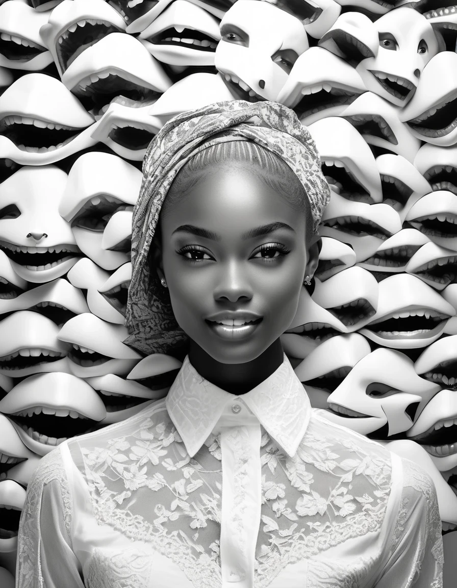 in style of Joe Fenton,Black model， Straight white teeth，character, portrait, half body, wearing a delicate shirt, highly detailed face, beautiful detail, sharp focus，Black and White Photography，Studio Photos，