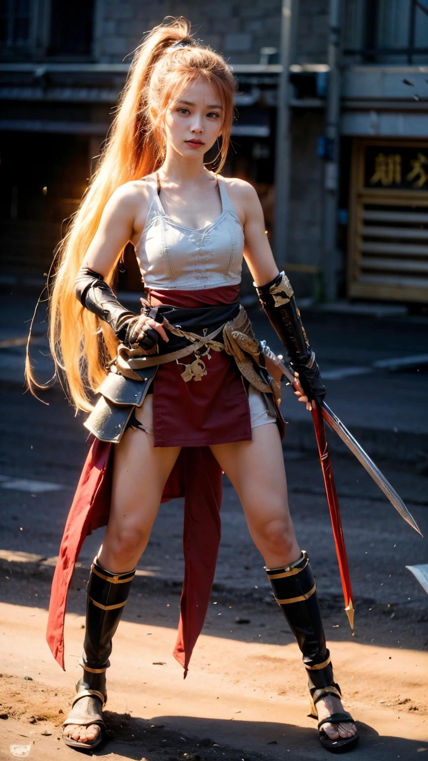 8k, best quality, highres, realistic, real person, A solitary warrior in a suspicious arena setting, without the demon lord. The warrior, lightly armored and with a sly smile, wields a large, ornately decorated axe. They have short red hair. The background is a mysterious and ominous arena, with a sense of danger and suspense. The lighting is dim and dramatic, enhancing the warrior's intense and cunning appearance.
