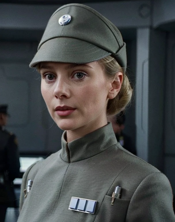 fashion photography of Grace Kelly in olive gray imperialofficer uniform and hat, hair in small tight bun, smooth pale white skin,m, sci-fi Death Star control room, sharp focus, dlsr, ultra sharp, professional Photographer, film grain, very detailed skin texture, photorealistic,