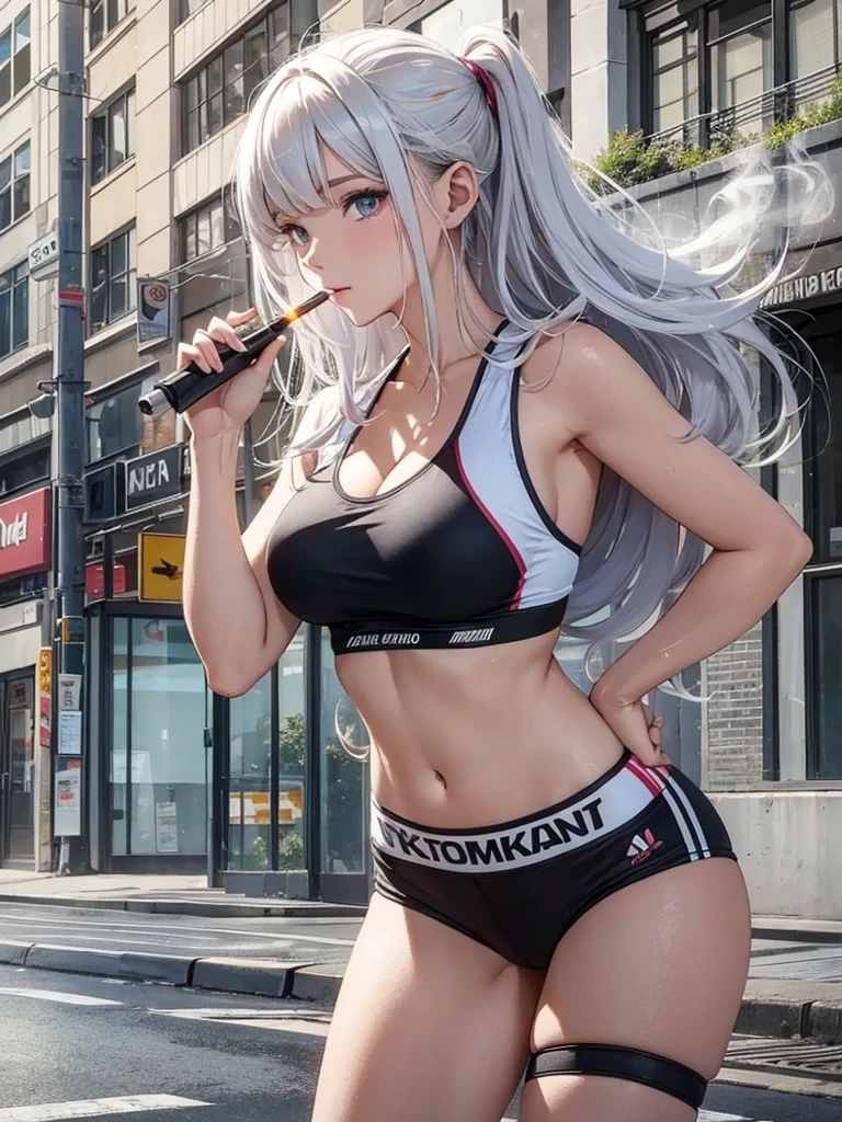 Smoking girl, Bouncing breast, sport wear, smoking a cigarette