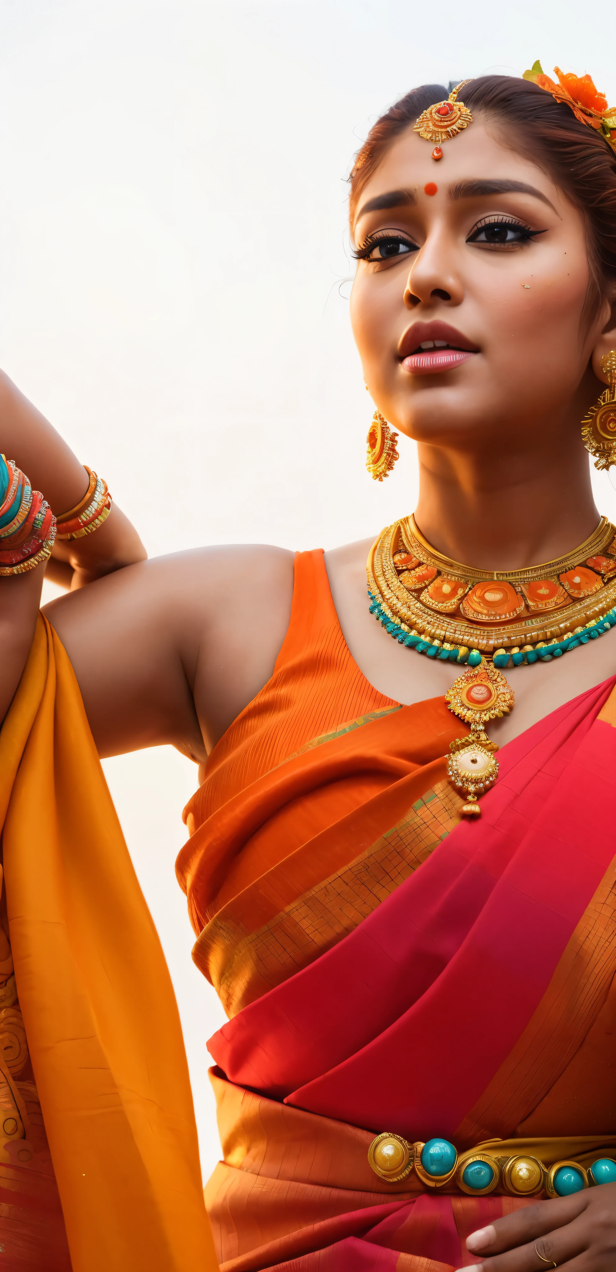 Looks like Nayanthara, thick curvy figure, a close up of a woman in a colorful dress with a flower in her hair, extremely gorgeous woman, matchless beauty, queen, very beautiful enga style, with colourful intricate, candid shot, traditional beauty, candid picture, orange details, wearing intricate, candid portrait photo, with kerala motifs, wearing an elegant tribal outfit, orange and turquoise, orange and teal color, * colour splash *, traditional, stunning visual,