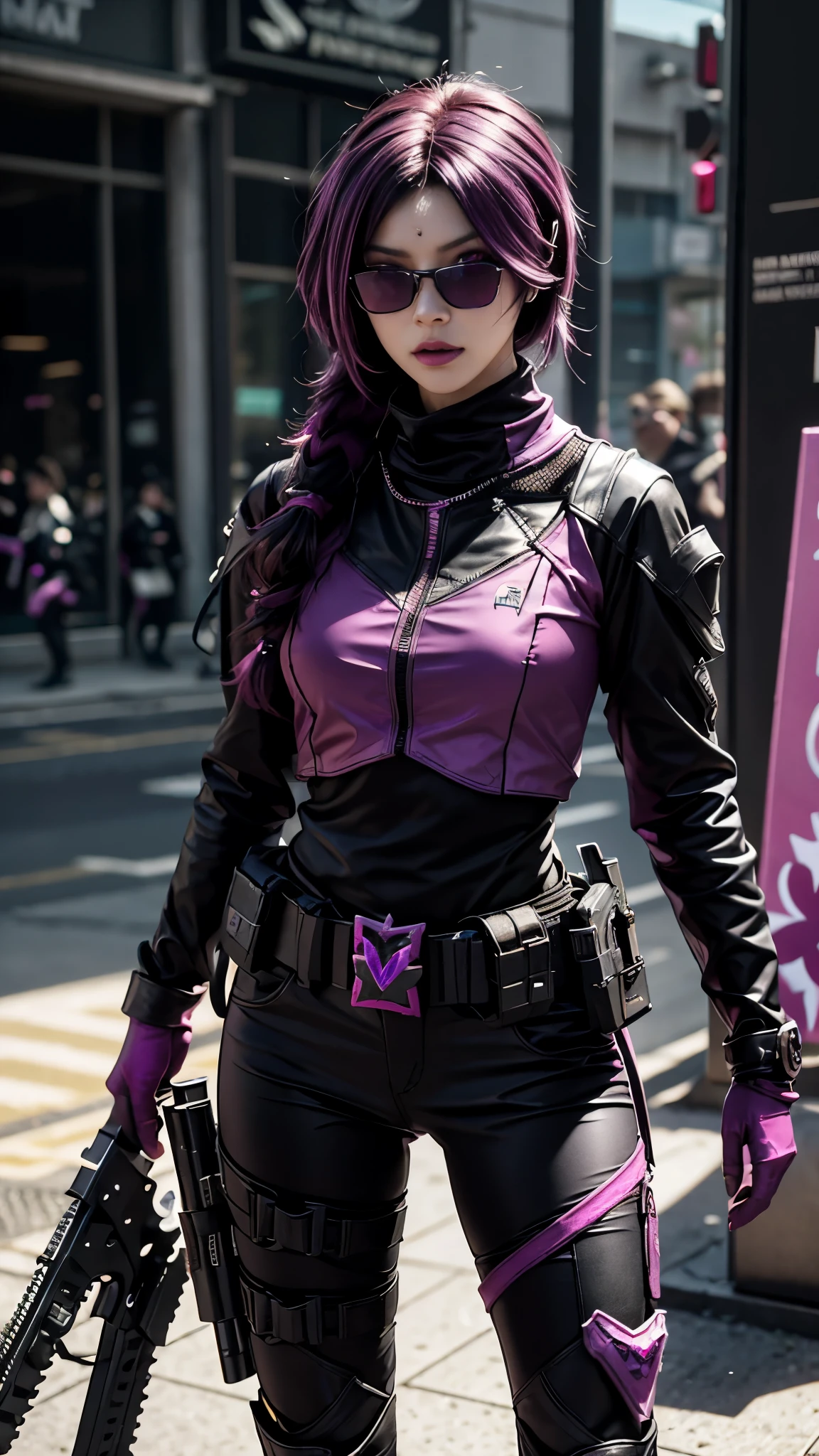 8K, UHD, masterpiece, 1 girl, detailed face, smart face, ((sunglasses)), detailed eyes, sniper rifle in hand, battleroyal, call of duty cosplay, call of duty modern warfare 3, ((ghost tribe)), ((magenta and black cosplay:1.5)), belts, gun, methic gun, futuristic art, cyberpunk lihting, ultra extreme graphics, RTX 4090, ray tracing, bloom, depth of field, motion blur,
