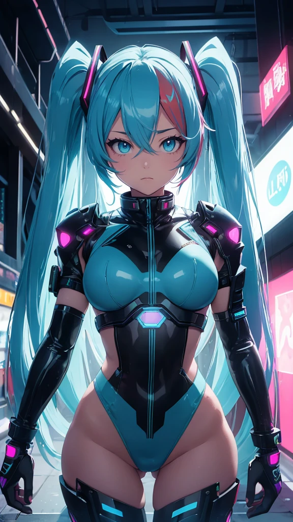 ((Highest quality))、(masterpiece)、Hatsune Miku VOCALOID、Twin tails、Light blue hair、Water-colored pupils、cyber punk、Big Ass、Big Breasts、Bodysuits、-yeld gihas electronic visor fitted to her face、red latex body、cyber punkモード、(Light blue hair:1.4),Breast enlargement、Neon lights in the dark city at night,Unreal Engine:1.4,Ultra-high resolution,La highest quality:1.4, Realistic:1.4, Skin Texture:1.4, masterpiece:1.8,masterpiece, highest quality,（Beautifully detailed eye depiction）