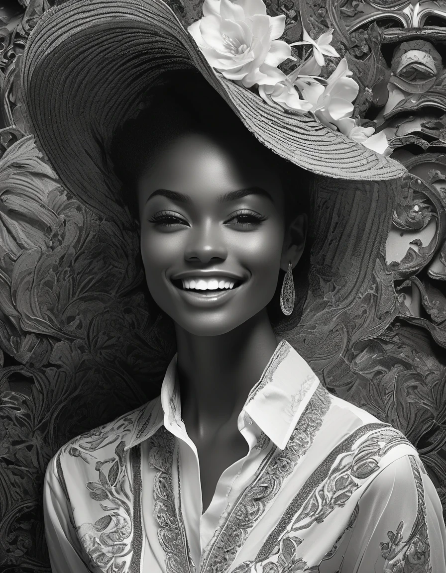 in style of Joe Fenton,Black model，Swarthy face， Straight white teeth，character, portrait, half body, wearing a delicate shirt, highly detailed face, beautiful detail, sharp focus，Black and White Photography，Studio Photos，