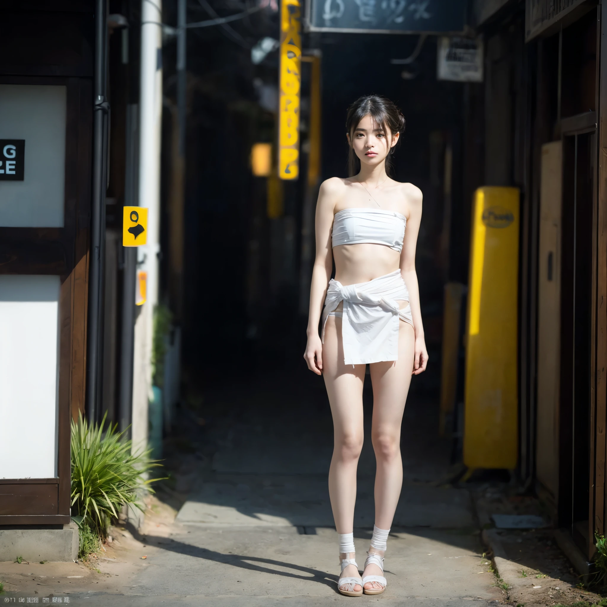 Slum, full of men, best quality, full body portrait (1:1), delicate face, 18 year old girl, slim figure, skinny, smaller bust, white transparent bikini, looming, panties to crotch, barefoot, garbage, sweat