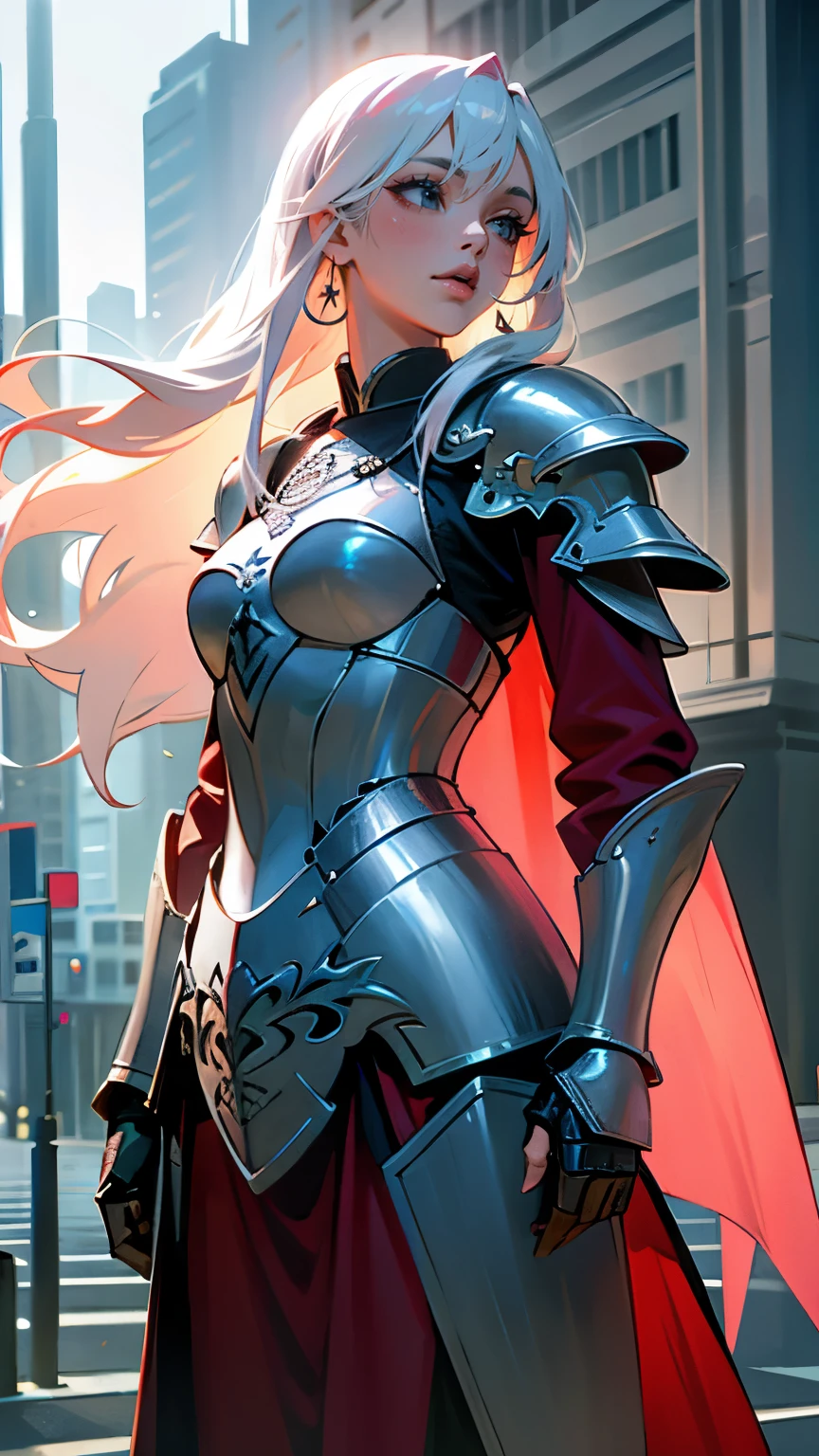 Realistic, High resolution, 1 Female, Glowing Skin, alone, Hip Up, tattoo, jewelry, Pink Lips, Long white hair, blue eyes, Mouth closed, city, Full Armor, Red Armor, armored skirt, Cape,