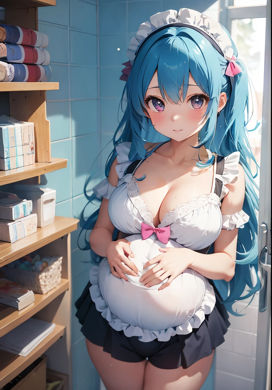 full\ Gradient hair, 1 Girl, In the bathroom,In the Shower,Foamy,Wet body,wearing sweat,Gorgeous, ((a color, Lace Mini Shorts, Upper chest)), huge cleavage, pregnant,Pregnant women,Nine months pregnant,pregnant, realistically, Award-winning photos, ((Deco)), Idol, ((Realistic skin texture)), ribbon,strangle, blue, sky sky, Pink big breasts, Tiffany Blue,Bikini,泳装1 Girl,White Maid Black Maid,White maid outfit,,bow, Vagina habit, Upper chest, huge cleavage, realistically,Looking at the audience's thick thighs