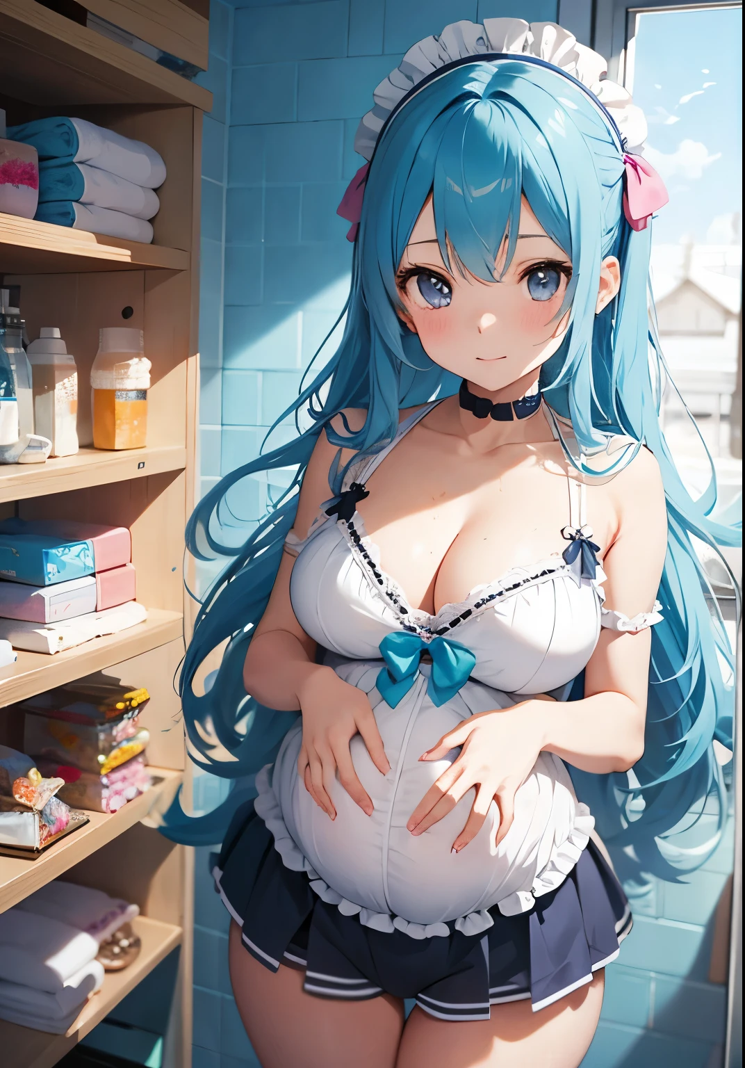 full\ Gradient hair, 1 Girl, In the bathroom,In the Shower,Foamy,Wet body,wearing sweat,Gorgeous, ((a color, Lace Mini Shorts, Upper chest)), huge cleavage, pregnant,Pregnant women,Nine months pregnant,pregnant, realistically, Award-winning photos, ((Deco)), Idol, ((Realistic skin texture)), ribbon,strangle, blue, sky sky, Pink big breasts, Tiffany Blue,Bikini,泳装1 Girl,White Maid Black Maid,White maid outfit,,bow, Vagina habit, Upper chest, huge cleavage, realistically,Looking at the audience's thick thighs