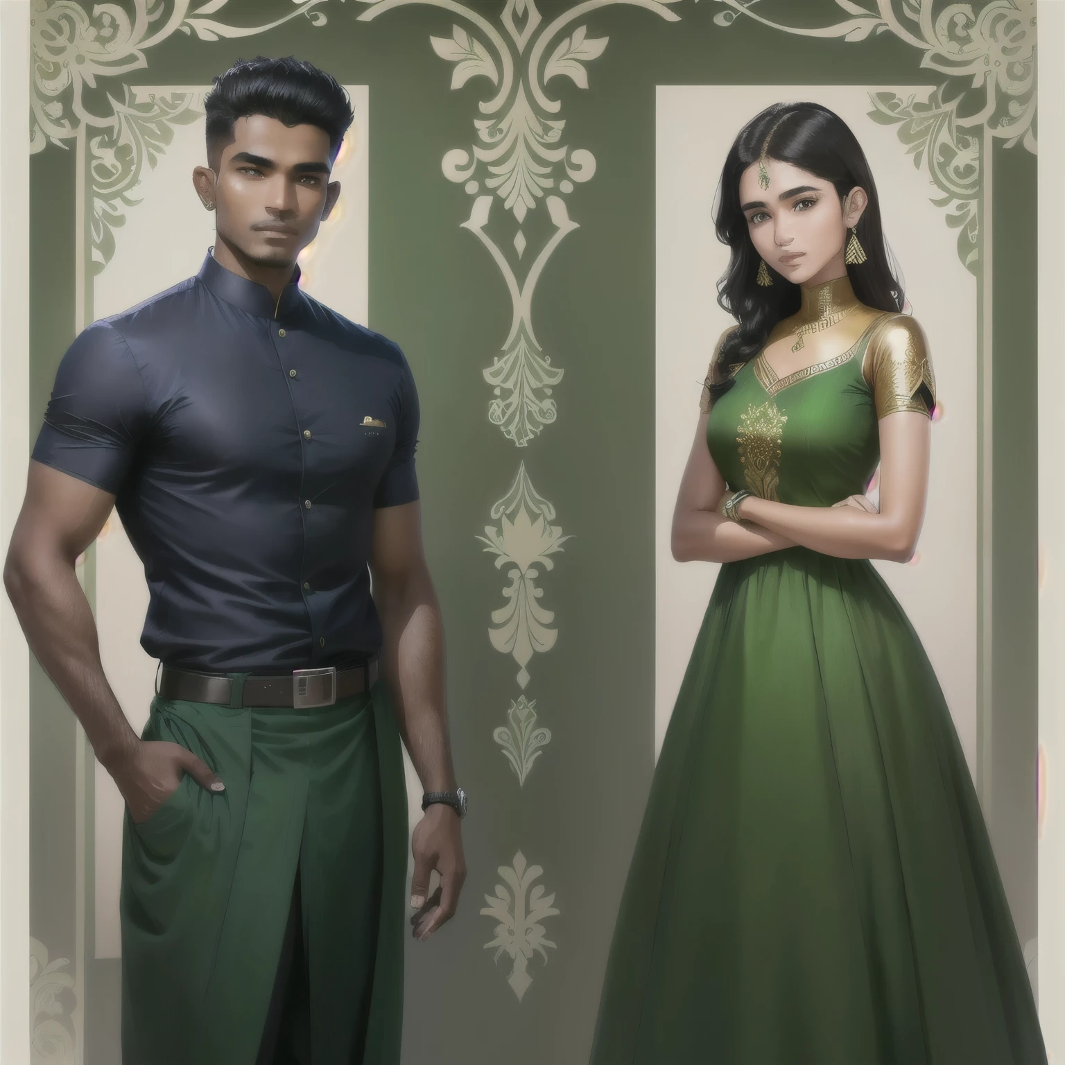 (Character design front ) green dress, modern Sri Lanka man , 22 male ,