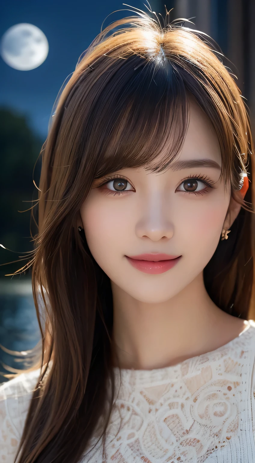 Body portrait, 8K, thin and beautiful eyes, Dindal effect, masterpiece, top quality, high quality, high resolution, very detailed photo, (natural skin texture, fine skin, hyper realism, super sharpness), high detail skin, (very fine, fine skin texture, intricate details, beautiful face, (realistic face), realistic eyes, beautifully detailed eyes, realistic skin, beautiful skin, surreal, very detailed Golden ratio, smiling eyes, ((night moonlight background) )), body portrait, G cup, big breasts, huge breasts, big breasts, glamorous, sexy knit dress,