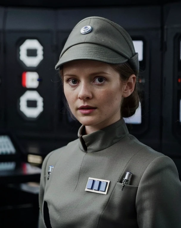 fashion photography of Bonnie Wright in olive gray imperialofficer uniform and hat, hair in small tight bun, smooth pale white skin,m, sci-fi Death Star control room, sharp focus, dlsr, ultra sharp, professional Photographer, film grain, very detailed skin texture, photorealistic,