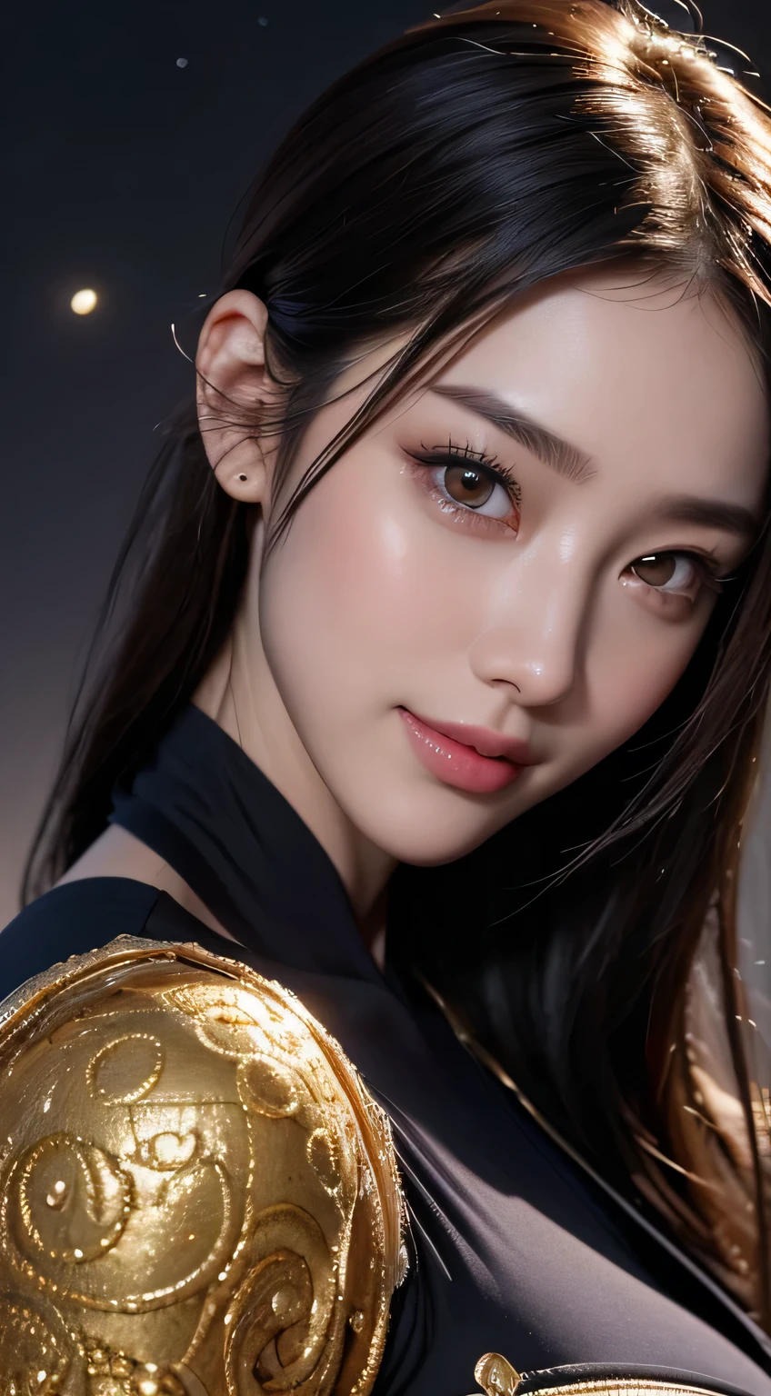 Kimono beauty, body portrait, 8k, thin and beautiful eyes, Dindal effect, masterpiece, top quality, high quality, high resolution, very detailed photo, (natural skin texture, fine skin, hyper realism, super sharpness) , high detail skin, (very fine, fine skin texture, intricate details, beautiful face, (real-like face), realistic eyes, beautifully detailed eyes, realistic skin, beautiful skin, surreal, Highly detailed, golden ratio, smiling eyes, ((night moonlight background)), body portrait, G cup, big breasts, huge breasts, big breasts, glamorous, shiny bodysuit