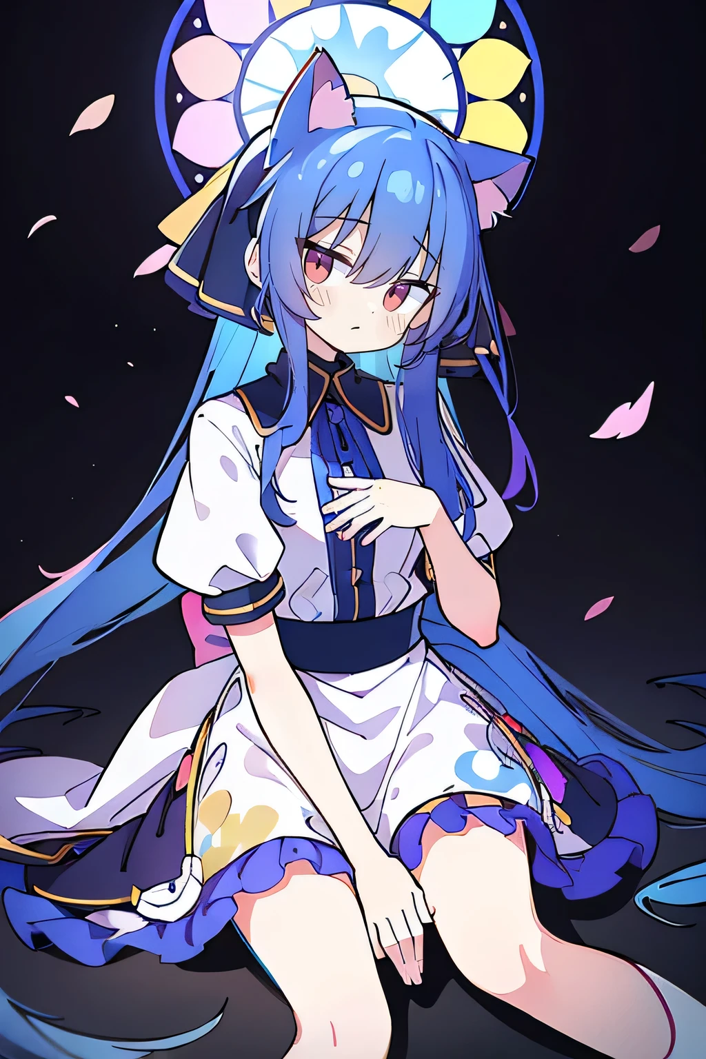 (masterpiece:1.2),Extremely detailed,Practical,expressive eyes,Fair skin,Perfect face shaping,1 Girl,
Japanese cartoons,Gorgeous blue hair, the long flowing blue hair,Floating clothes,Cat ears,Petals fall,beautiful lola,Young Angel,
Place your hands on your waist,sit elegantly on the ground,Cross your legs,Gentle and peaceful background,church,nun.