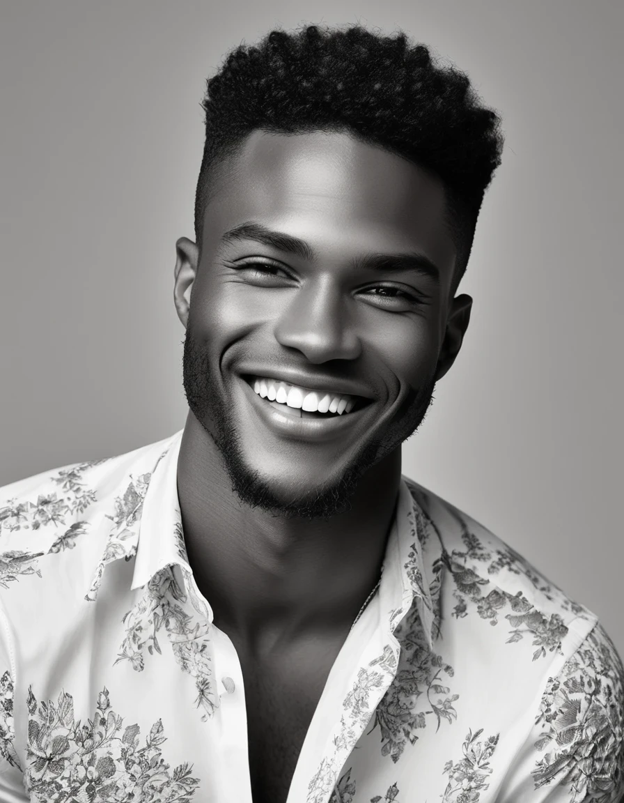 in style of Joe Fenton,Black model,Swarthy face, Straight white teeth,character, portrait, half body, wearing a delicate shirt, highly detailed face, beautiful detail, sharp focus,Black and White Photography,Studio Photos,