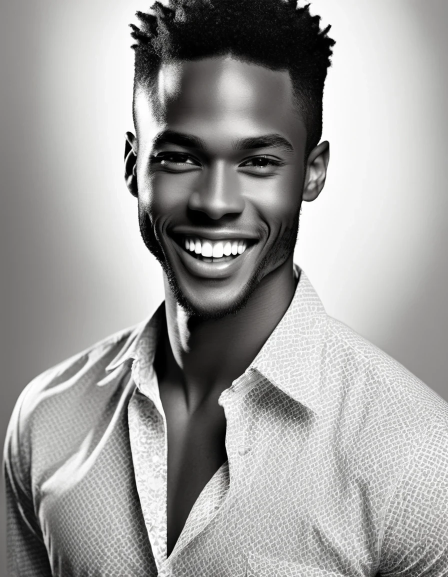 in style of Joe Fenton,Black model,Swarthy face, Straight white teeth,character, portrait, half body, wearing a delicate shirt, highly detailed face, beautiful detail, sharp focus,Black and White Photography,Studio Photos,