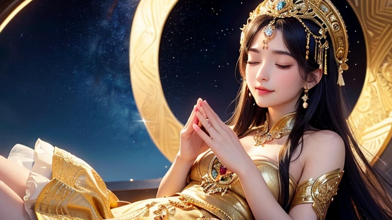 highest quality,masterpiece:1.2,Detailed explanation,The beautiful young goddess gently closed her eyes,Smiling Kindly. She put her hands together in prayer meditation. She was wearing a gold dress,Stars shining in the blue night sky, ,In a wonderful atmosphere,Feel as if you are one with the universe. High resolution, 8k emits a golden aura