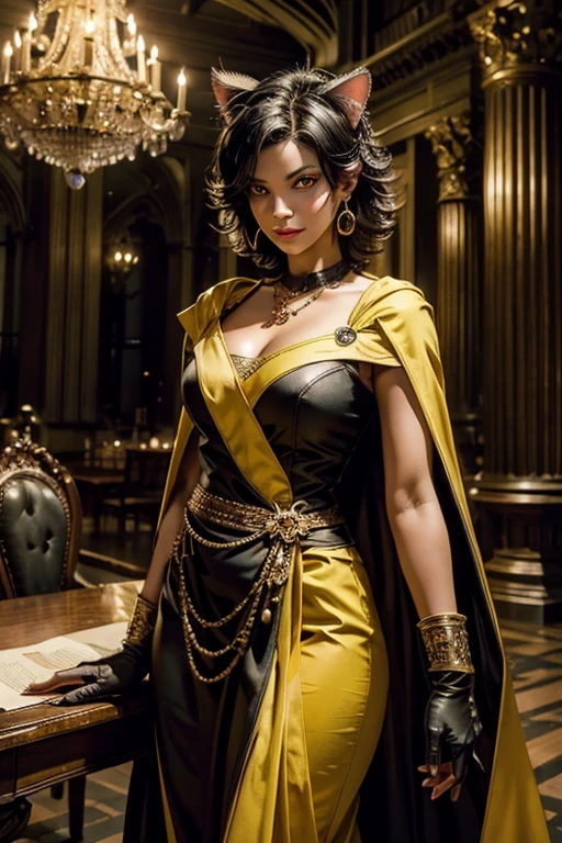 highres, masterpiece,best quality,original,extremely detailed CG,extremely detailed wallpaper,perfect lighting,looking at viewer,bare hands,1girl, SiennaKhan,short hair,black hair,animal ears,yellow eyes,cat ears,dark skin,dark-skinned female,gloves,jewelry,earrings,cape,facial mark,cleavage cutout,hoop earrings, standing, in gothic library, closed mouth, serious look, serious expression, looking at viewer,