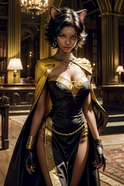 highres, masterpiece,best quality,original,extremely detailed CG,extremely detailed wallpaper,perfect lighting,looking at viewer,bare hands,1girl, SiennaKhan,short hair,black hair,animal ears,yellow eyes,cat ears,dark skin,dark-skinned female,gloves,jewelry,earrings,cape,facial mark,cleavage cutout,hoop earrings, standing, in gothic library,  closed mouth, serious look, serious expression, looking at viewer,