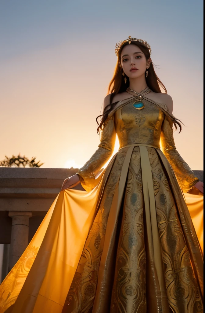 (bottom view, looking at viewer),(absurd, High resolution, Super detailed), 1 Girl, Zodiac sign- Aries goddess , Solitary, Mature, Baroque, Long skirt, Long sleeve, elegant, rich and colorful, The most detailed, Upper Body , Hair in the sunset . fire eyes . brave, capricious, Productivity, The enterprising humanitarian face .