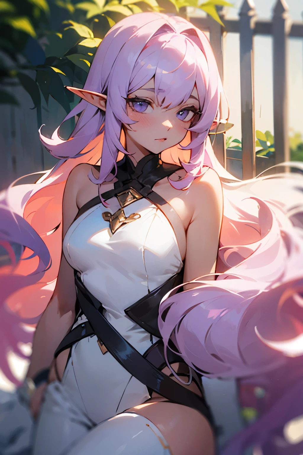human, half-elf, fence, dark lilac hair, dark lilac eyes, pastel peach pink skin, long hair, gorgeous