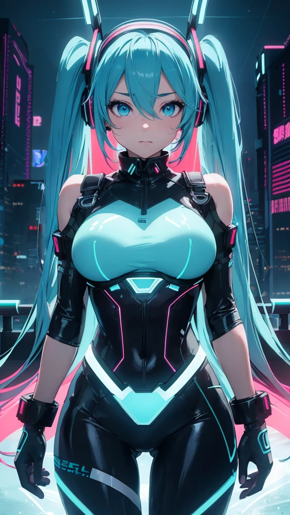 ((Highest quality))、(masterpiece)、Hatsune Miku VOCALOID、(Twin tails)、Light blue hair、Water-colored pupils、cyber punk、Big Ass、(Big Breasts)、Bodysuits、Sexy pose、12-year-old girl has electronic visor fitted to her face、red latex body、cyber punkモード、(Light blue hair:1.4),Breast enlargement、Neon lights in the dark city at night,Unreal Engine:1.4,Ultra-high resolution,La highest quality:1.4, Realistic:1.4, Skin Texture:1.4, masterpiece:1.8,masterpiece, highest quality,(Beautifully detailed eye depiction)