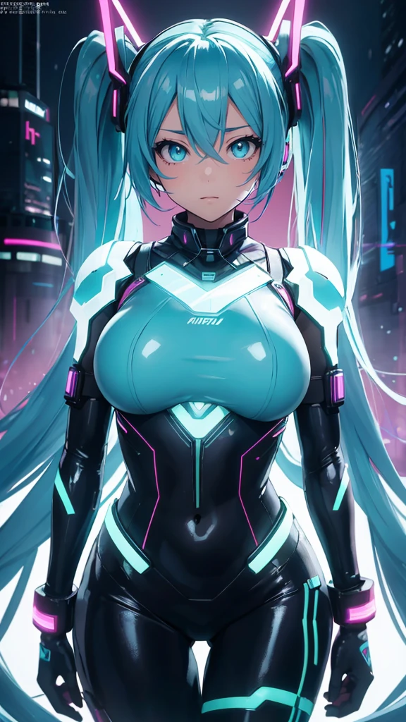 Hatsune Miku Vocaloid, Twin Tails, Light Blue Eyes, Light Blue Hair, Bod ysuit, mecha girl, Cyber punk, Ultimate Physical Beauty, Beautiful Eyes, big breasts, embarrassed look , Bigchest, 8K CG, Top Quality, Best Image Quality,